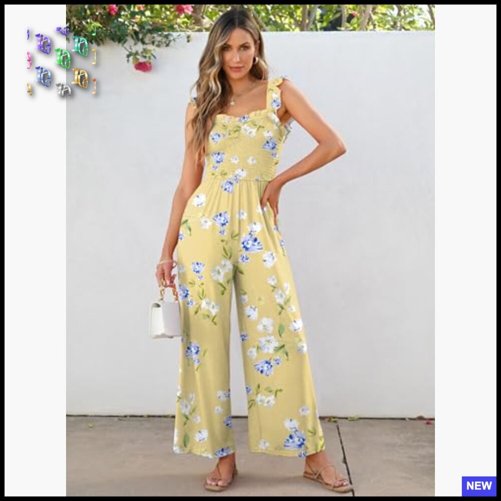 Sleeveless Smocked Jumpsuit Wide Leg Romper Casual Summer Vacation Outfit with - Picture 5 of 7